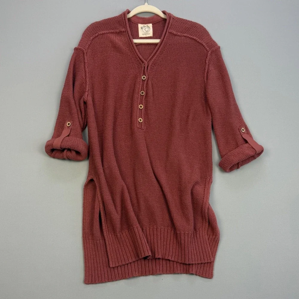 Free People We The Free Boho Indie Firefly Tunic Henley Knit Sweater Small